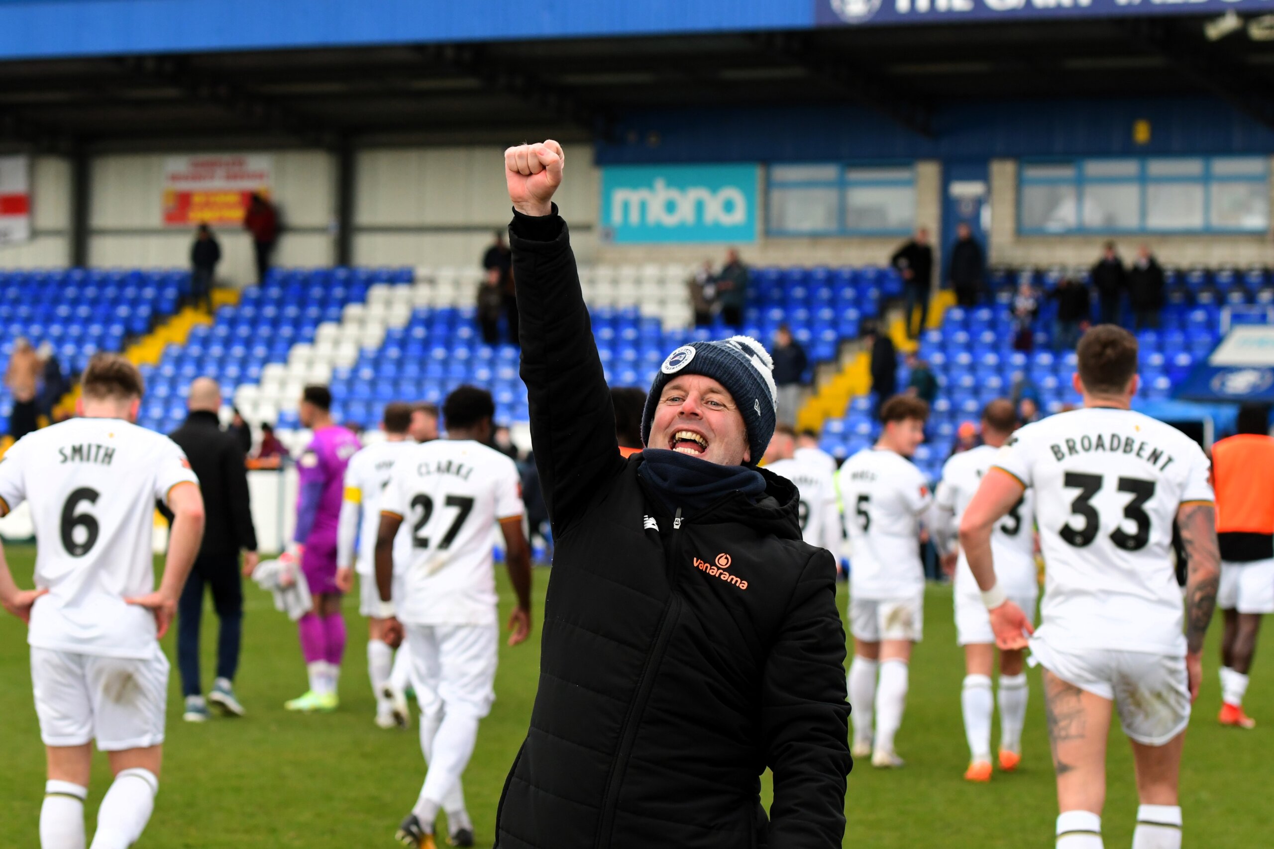 South Shields Head Coach Elliott Dickman celebrating a 1-0 win at Chester. Photo by Kev Wilson