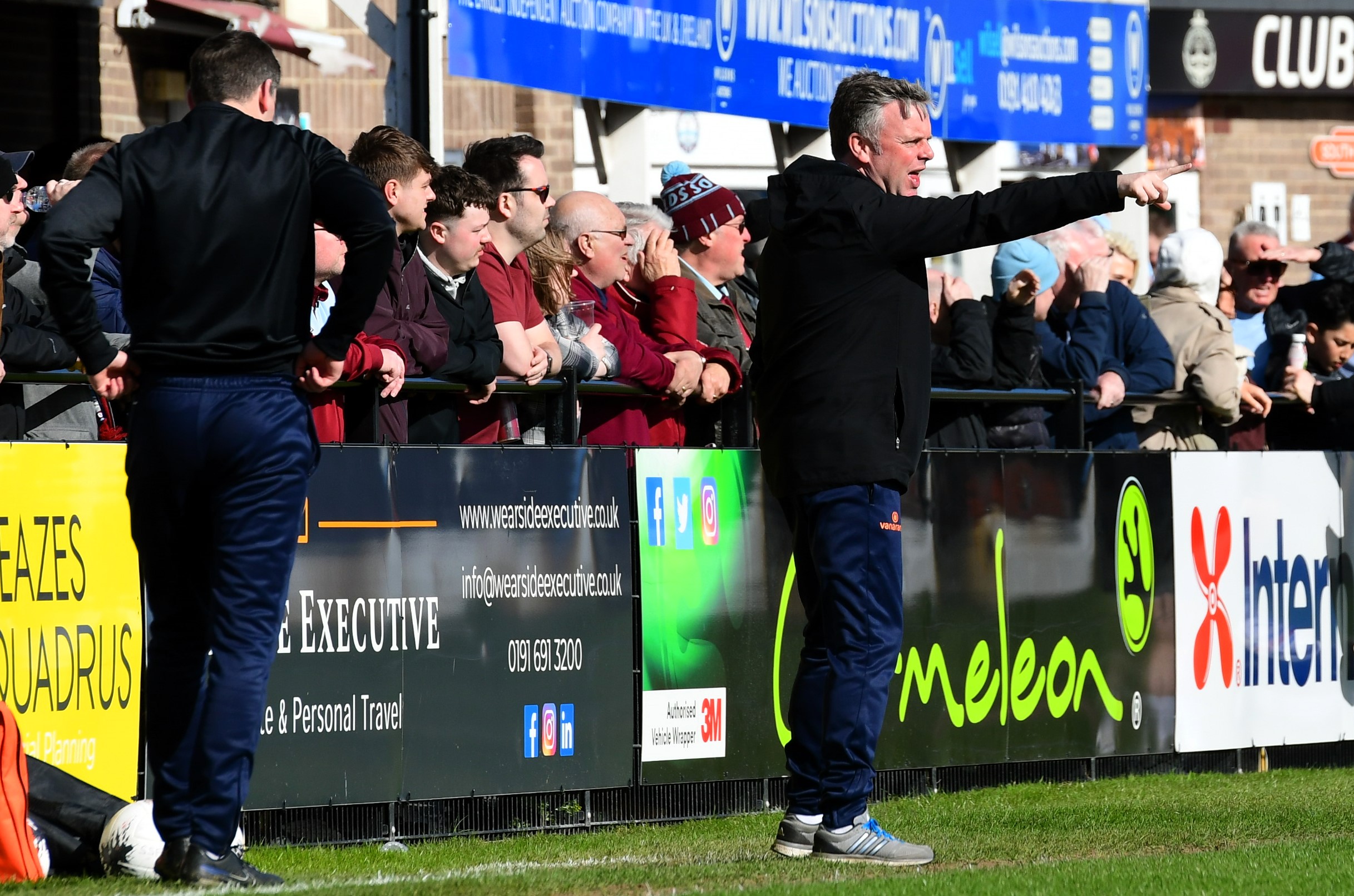 Elliott Dickman dicating his South Shields side from the touchline. Photo by Kev Wilson